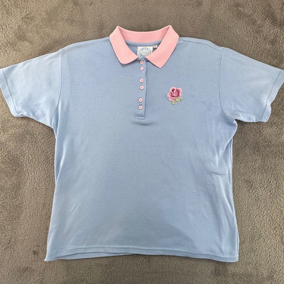 Sport by David Smith Creations Womens Blue Pink Rose Embroidered Polo Shirt XL - Picture 2 of 12